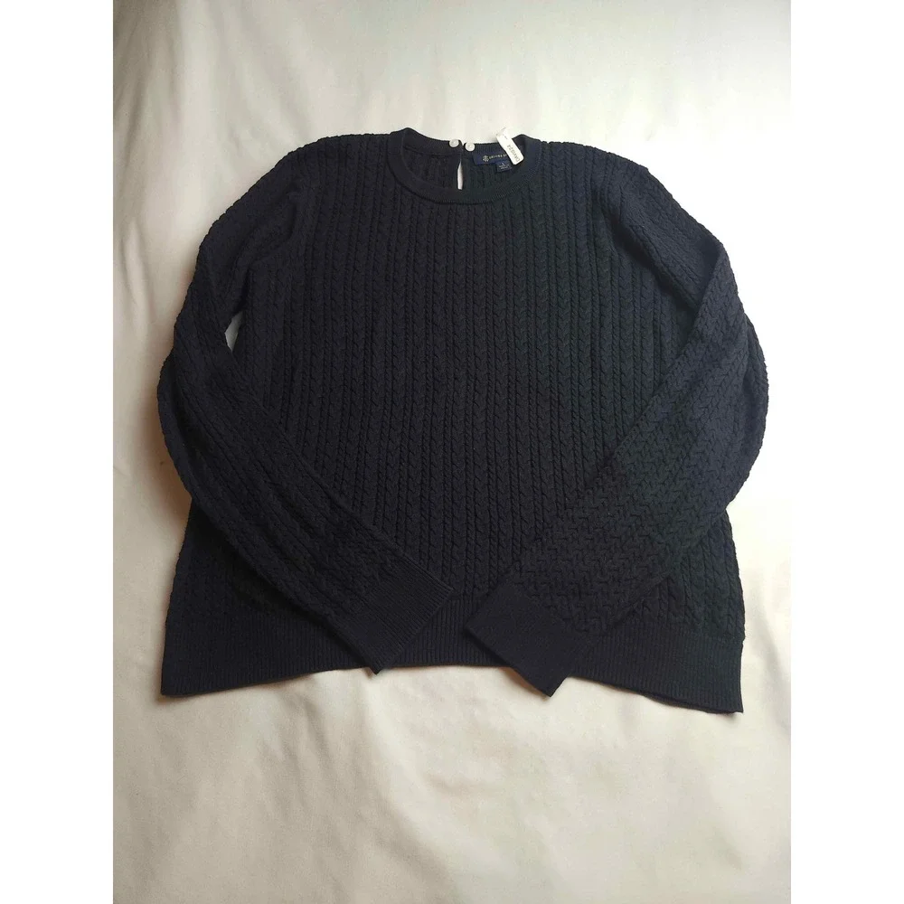 Brooks Brothers Womens Navy Blue Cable Knit Cotton Keyhole Sweater Large